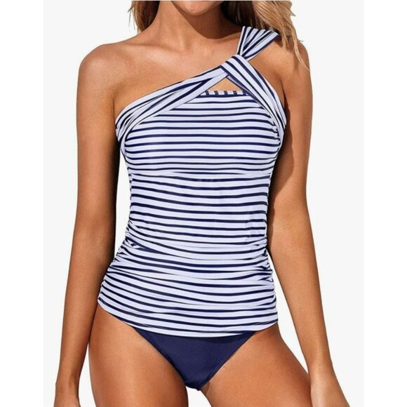 Tempt Me Womens Two Piece Tankini Swimsuit Plus Size 22W One Shoulder Beach Pool - Picture 1 of 11